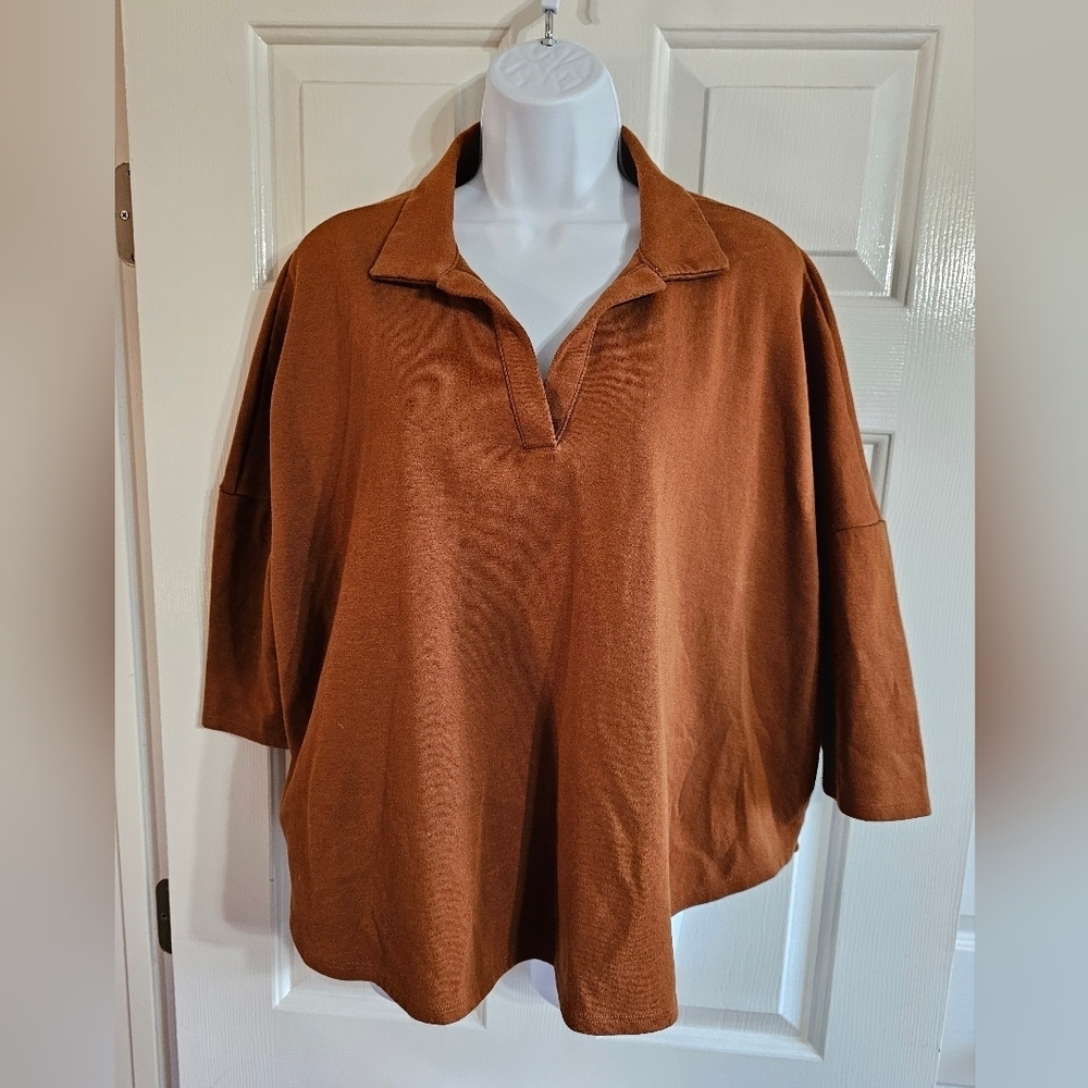 Crown & Ivy Brown V Neck Tunic Shirt Preppy Relaxed Fit Drop Sleeve Size M - Picture 2 of 6